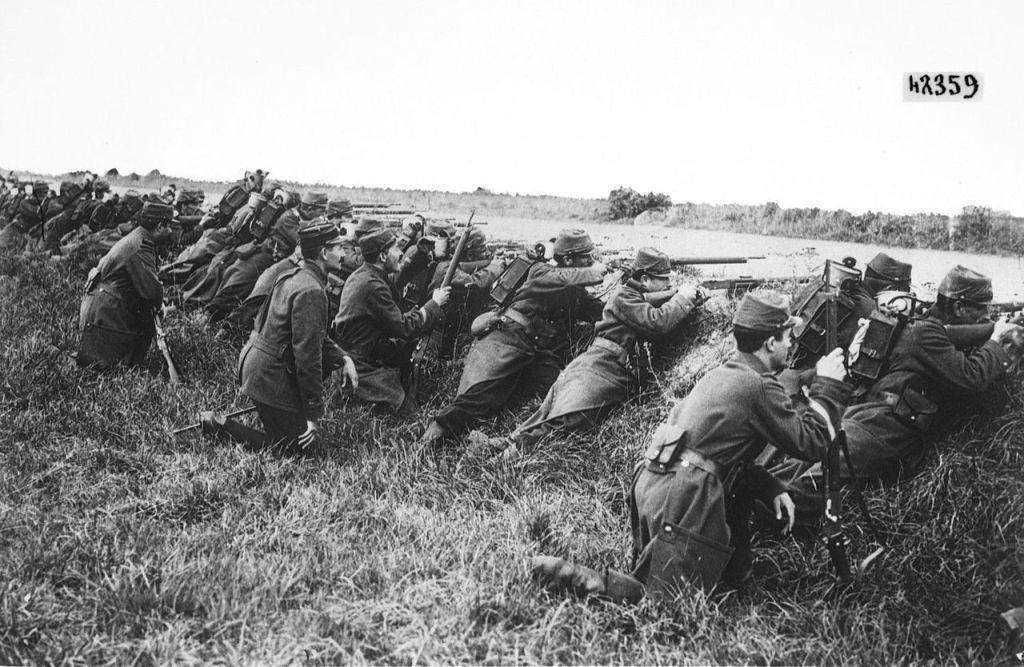French troops take cover behind a ditch.  Sept 1st, 1914.  Courtesy of  Wikimedia Commons.